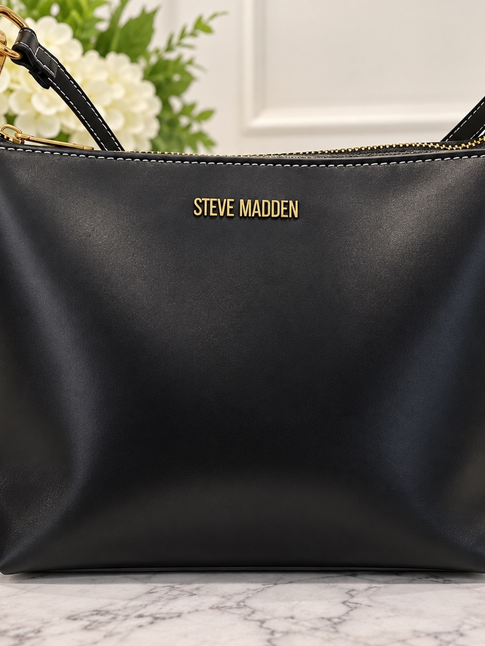 Steve Madden Black Leather Crossbody Messenger with Gold Hardware